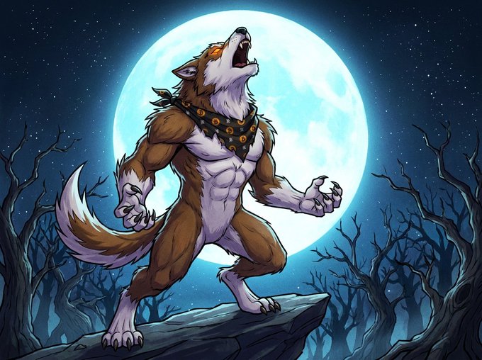 A digital illustration of a muscular werewolf howling at a large blue moon while standing on a rocky ledge in a spooky forest.