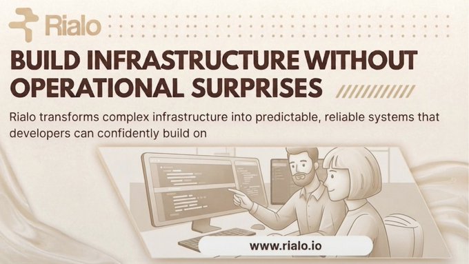 An advertisement for Rialo with the tagline 'BUILD INFRASTRUCTURE WITHOUT OPERATIONAL SURPRISES' and website www.rialo.io.