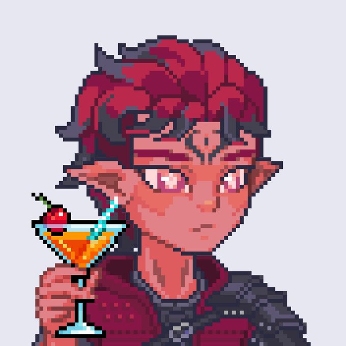 A pixel art illustration of a character with red hair and horns, wearing a dark outfit and holding a martini glass garnished with a cherry, against a gray background.