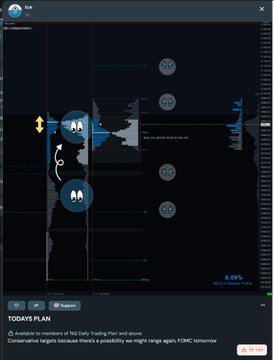 The image shows a screenshot of a Twitter account with a post about trading options, specifically targeting the NQ stock. The post includes a graph that displays the price range for the NQ stock over time. The post also mentions that there are "conservative targets" in the forecast and suggests that the stock might have a "possibility to rise again".