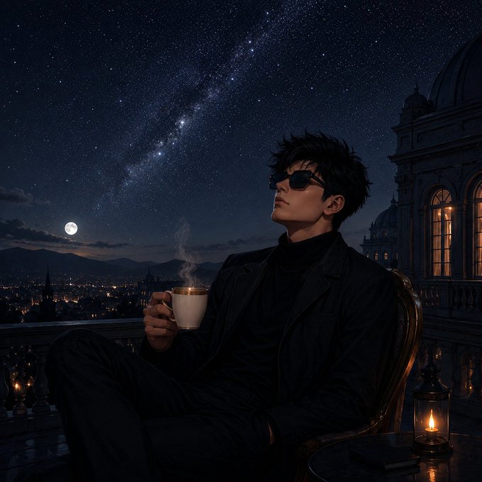 An anime-style illustration of a dark-haired man in sunglasses holding a steaming cup, seated against a night sky with a visible Milky Way and cityscape.