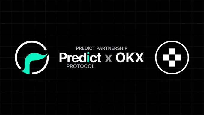 A dark announcement graphic displays the text "PREDICT PARTNERSHIP" and "PROTOCOL" flanking the central message "Predict x OKX," with a green leaf logo on the left and the OKX medical-style cross logo on the right. The image visually reinforces the post's news by highlighting the collaboration between Predict Protocol and OKX to provide AI agents with real-time prediction odds and blockchain-based hiring capabilities.