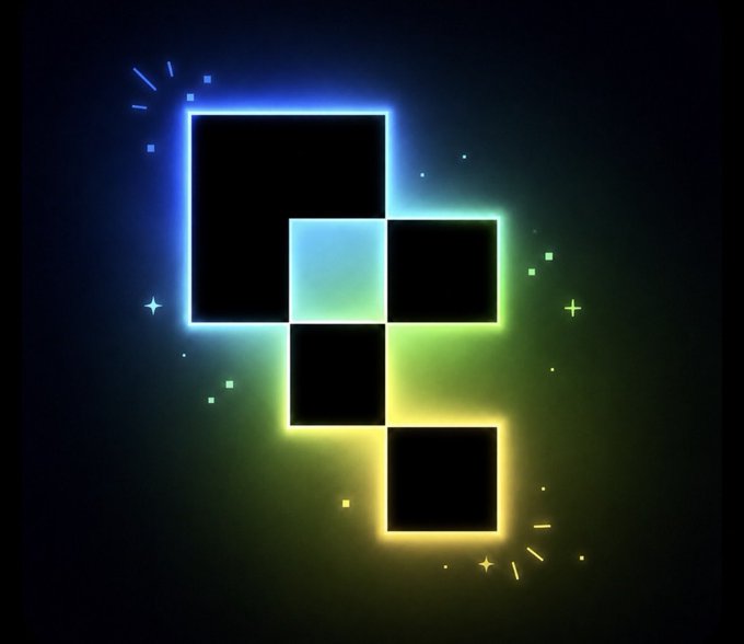 An abstract digital artwork showing a geometric arrangement of black squares with glowing neon blue, green, and yellow borders against a dark background with small star accents.