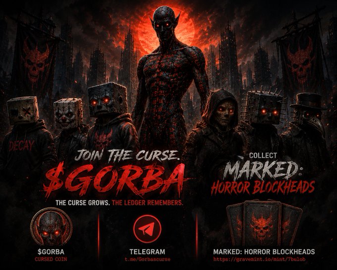 A dark promotional graphic featuring menacing horror-themed figures with red eyes, advertising "JOIN THE CURSE. $GORBA" and "COLLECT MARKED: HORROR BLOCKHEADS" with a Telegram link and cursed coin imagery.