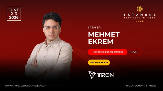 The image features a man standing against a red background with white text. The text reads "Speaker Announcement We're thrilled to welcome Mehmet Ekrem, Turkish Region Operations at Istanbul Blockchain Week", indicating that the event is taking place on June 2-3, 2016 and Mehmet Ekrem will be speaking about Turkish region operations. The image also includes a website address for more information or tickets, which can be found in the bottom right corner of the image.