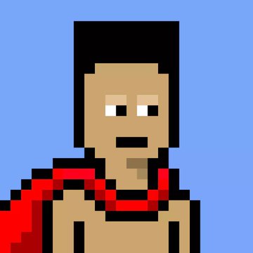 A pixel art portrait shows a dark-haired character with a tan complexion wearing a red scarf or chain against a light blue background, resembling the minimalist style of Nakamigos NFT profile pictures. The simple, blocky aesthetic directly matches the "My Nakamigos" reference, representing one of the collection's signature character designs.