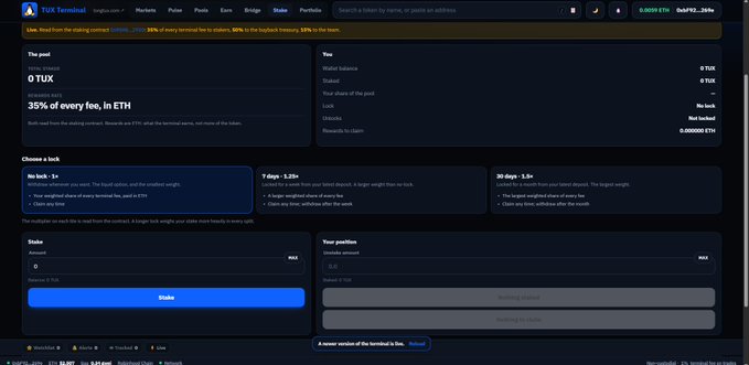 A screenshot of the TUX Terminal website showing a staking pool offering 35% of every fee in ETH, with 0 TUX staked.