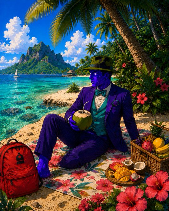 A vibrant, surreal image of a purple-skinned figure in a purple suit and bow tie, relaxing on a tropical beach with a picnic spread, holding a coconut drink.