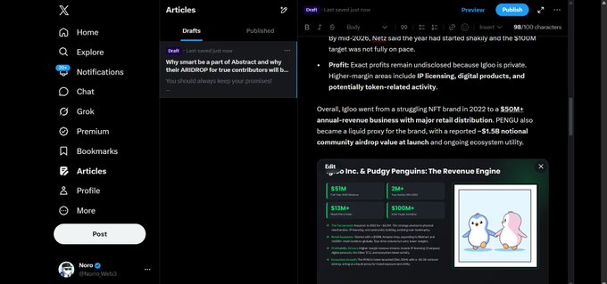 A screenshot of X (Twitter) showing the Articles drafting interface, displaying a draft titled "Why smart be a part of Abstract and why their ArtmilesOP for true contributors will b..." alongside an article preview mentioning igloo, NFTs, and Pudgy Penguins with $13M+ and $100M+ revenue figures.