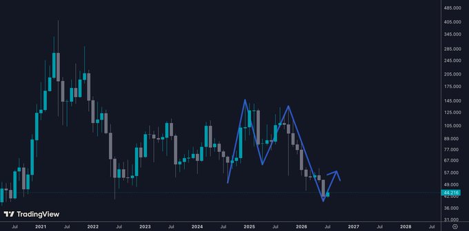 A TradingView candlestick chart spanning from 2021 to 2028 shows $LTC (Litecoin) price action with values ranging from approximately 31 to 485, and a blue hand-drawn pattern resembling a butterfly harmonic structure overlaid on the recent price swings near the 49 level.