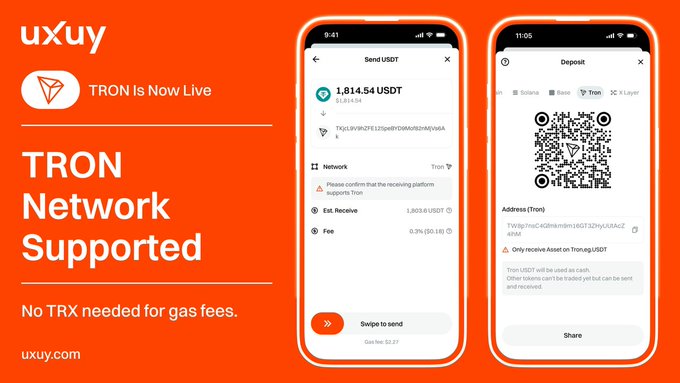 The image features two cell phones, both of which are displaying a QR code that reads "TRON Network supported" along with some text about the app's capabilities. The phones are positioned side by side, with one phone being larger than the other. The background of the image is orange and white, providing a contrast to the black text on the phones.