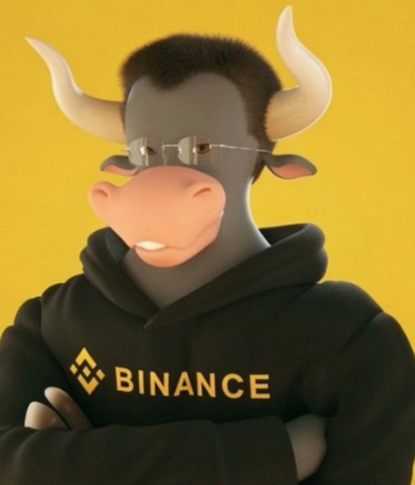 An anthropomorphic bull character wearing glasses and a black hoodie featuring the "BINANCE" logo stands with crossed arms against a yellow background. The serious, confident pose of the Binance bull aligns with the post's joke about intimidatingly tanking Solana meme coins.