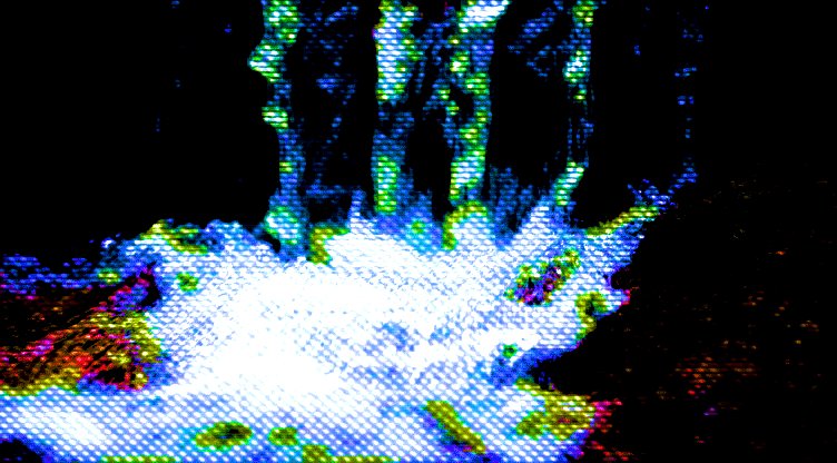 The image features a close-up of water droplets, possibly from a waterfall or fountain, with a greenish hue that gives it an artistic appearance. The background appears to be black, which contrasts with the colorful water droplets. The image is part of a larger collection called "fall_dwn Glitchtical Storm Collection", and it has been tagged with the post "hicetnu /tokens/hicetnu".