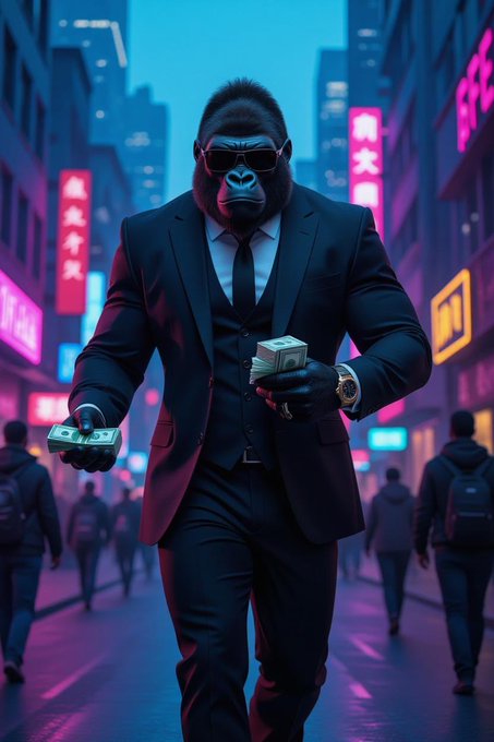 A stylized digital illustration of a gorilla wearing a black suit, white shirt, black tie, and sunglasses, walking through a neon-lit city street at night while holding stacks of cash in both hands.