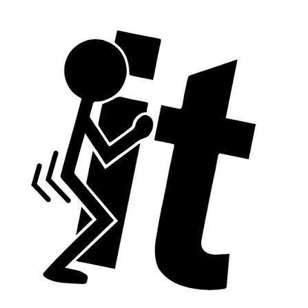 A black-and-white pictogram icon depicts a stick figure running away while pushing against a large lowercase letter 't'.