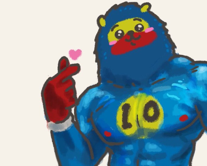 A muscular blue bear-like character with a yellow face, red glove, and "10" on its chest makes a heart gesture with its finger. The character embodies the post's message of appreciation, with the heart symbol directly mirroring the gratitude expressed for loyal followers who actively engage and contribute.