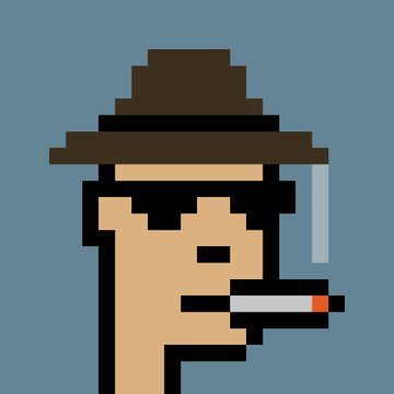 A pixel art illustration of a man wearing a brown hat and sunglasses with a cigarette in his mouth, set against a light blue background.