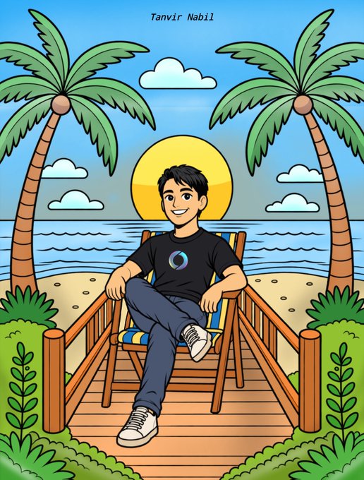 Cartoon illustration labeled 'Tanvir Nabil' showing a smiling young man sitting on a wooden pier chair between two palm trees with the ocean and sun in the background.