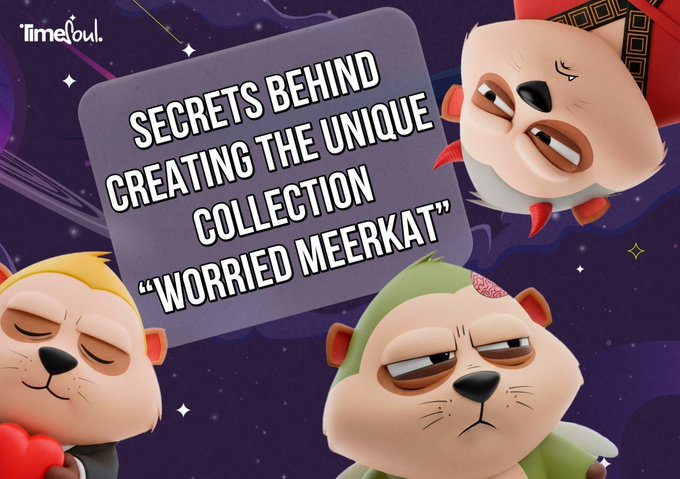 A promotional graphic from Timeout titled 'SECRETS BEHIND CREATING THE UNIQUE COLLECTION WORRIED MEERKAT' featuring three cartoon meerkat characters with worried expressions against a starry purple background.