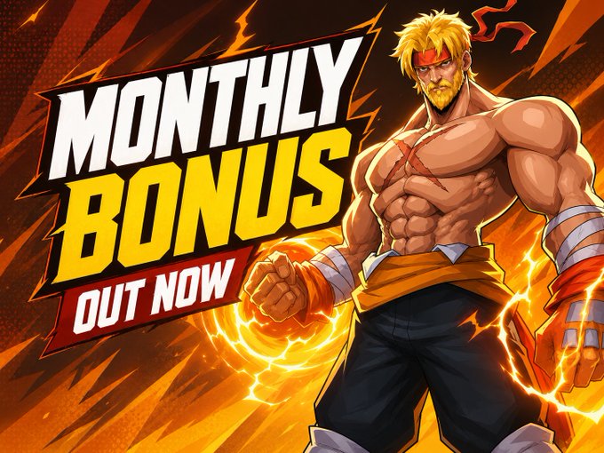 A muscular blonde fighter with a red headband and bandaged fists stands surrounded by crackling energy against an orange fiery background, beside bold text reading "MONTHLY BONUS OUT NOW." The image promotes a monthly bonus offer linked in the caption, encouraging viewers to claim their reward at the provided URL.
