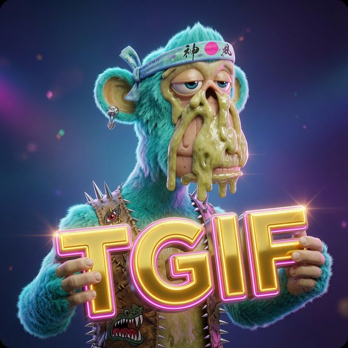 A 3D rendered character of a blue furry ape wearing a ninja headband with a melting face, holding a neon 'TGIF' sign with glowing pink and yellow text against a dark starry background.