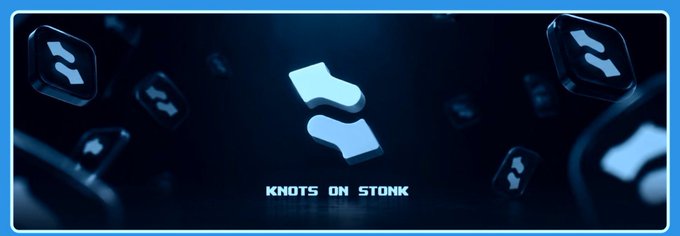 Blue-tinted graphic with floating 3D icons displaying 'KNOTS ON STONK' text.
