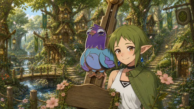 The image features a girl with green hair, dressed in white clothing, standing next to an easel holding a blank canvas. The background of the image depicts a forest scene with various trees and houses scattered throughout. There are also birds present in the scene, adding to the overall atmosphere. The post about the elf village hidden deep within the forest seems to be related to this painting or drawing, as it is described as "most people think opportunities show up with trumpets and fireworks". This implies that the girl's artwork might have been inspired by a similar theme of finding an elf village in the woods.