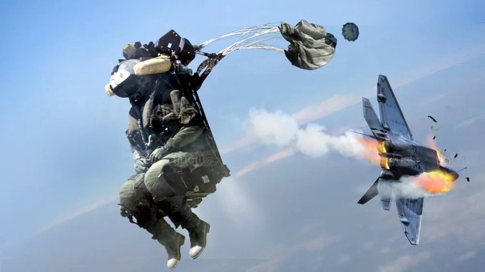 The image shows a person wearing a parachute suit, jumping out of an airplane with their feet still attached to the parachute. The scene also includes a jet flying nearby, which appears to be crashing into another plane. The caption suggests that the person in the parachute suit is holding onto Tether coins and has recently converted them to Won Exited currency.
