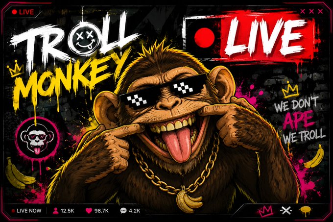 A vibrant graphic design featuring a monkey wearing pixelated sunglasses and a gold chain, with 'TROLL MONKEY' text, 'LIVE' indicators, and the slogan 'WE DON'T APE WE TROLL.'