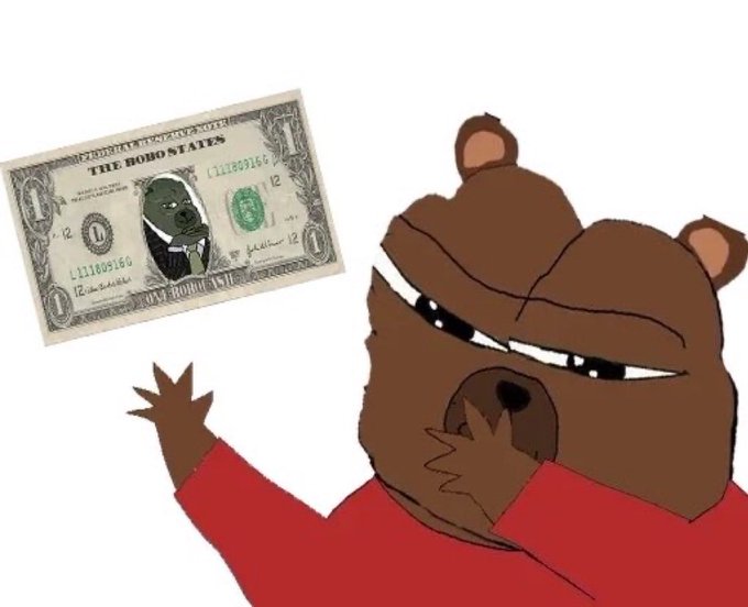 Cartoon meme depicting a brown bear in a red shirt looking thoughtfully at a $1 bill labeled 'THE BOBOSTATES' with a portrait resembling Bobo from Mr. Robinson's Neighborhood in place of George Washington.
