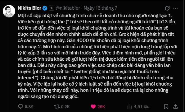 A Vietnamese-language Twitter/X post by Nikita Bier (@nikitabier) dated July 16 discussing updates to the revenue sharing program for creators, with 26K likes and 4.5M views.