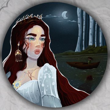 A circular digital illustration of a fantasy character with long flowing red hair, a delicate gold crown, ornate earrings, and white robes, set against a nighttime landscape with a crescent moon and a small boat.