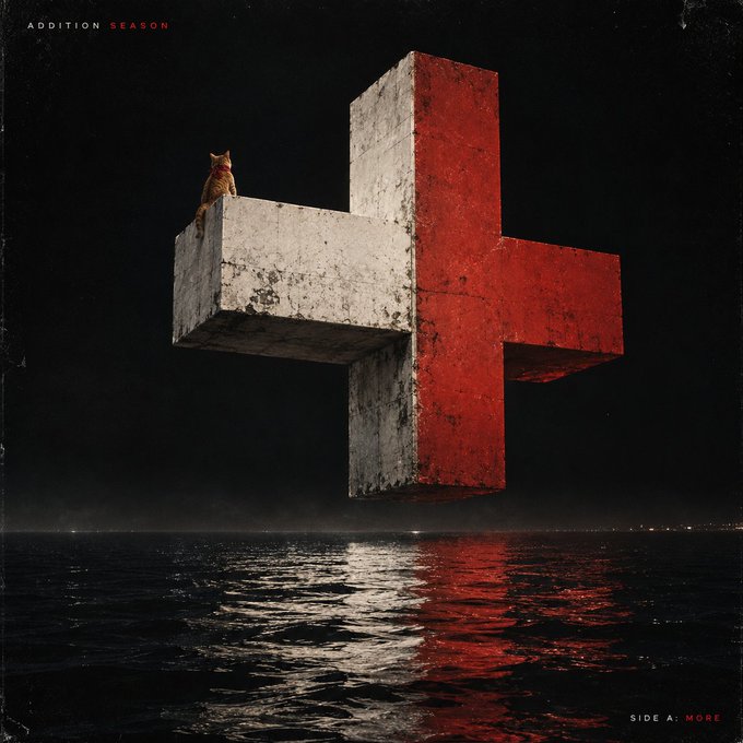 Album cover art titled 'ADDITION SEASON' featuring a concrete 3D cross over water with a small orange cat perched on it, labeled 'SIDE A: MORE'.