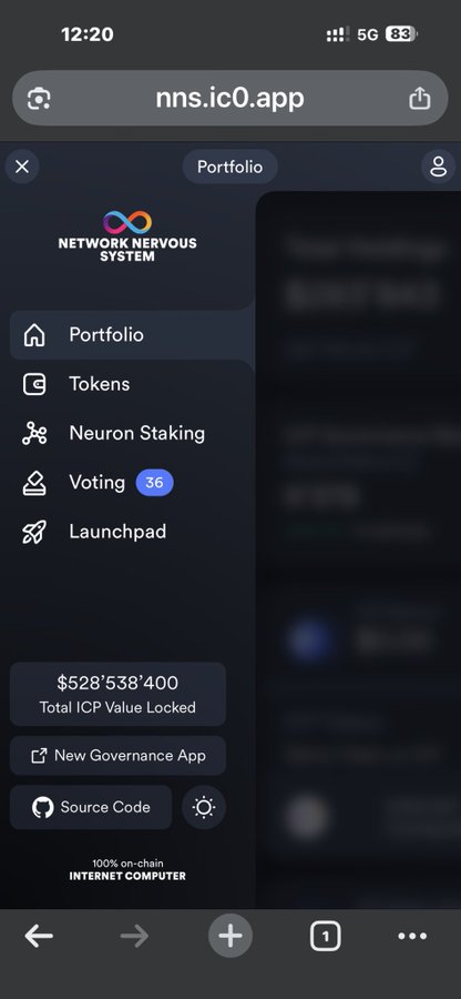 A mobile screenshot of the nns.ic0.app Network Nervous System portfolio menu, showing options like Tokens, Neuron Staking, Voting (36), and Launchpad, with $528,538,400 Total ICP Value Locked.