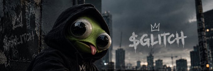 A green cartoon frog character with oversized eyes and its tongue out, wearing a black hoodie, stands against a moody urban skyline backdrop, with the stylized text "$GLITCH" and a crown symbol featured prominently. The image promotes the $GLITCH token, aligning with the post's rallying cry to buy and hold.