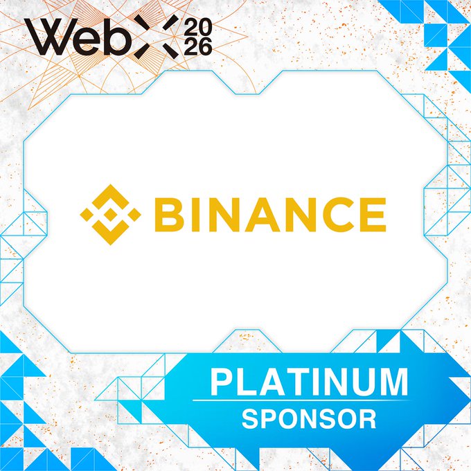 A promotional graphic for 'WebX 2026' featuring the Binance logo and a blue banner declaring it a 'PLATINUM SPONSOR' against a geometric blue and white background.