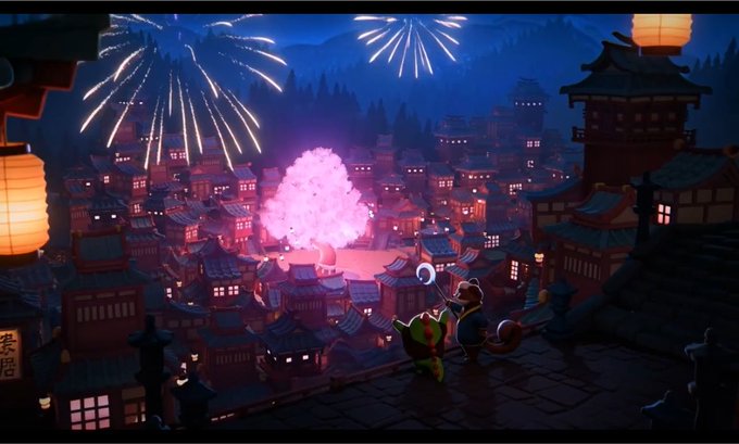 A colorful animated scene depicting two characters overlooking an East Asian-style village with traditional rooftops, lit lanterns, and fireworks bursting in the night sky.