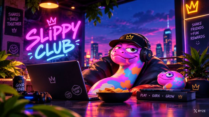 A digital artwork of a colorful, patterned cartoon character wearing a cap and headphones, sitting at a laptop with a 'SLIPPY CLUB' neon sign, game controller, and a bowl of snacks.