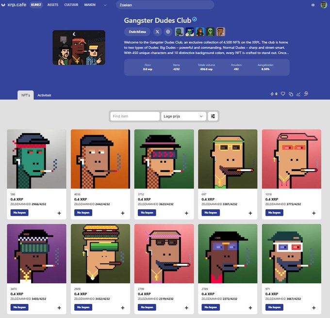 A screenshot of the XRP.cafe NFT marketplace displaying the 'Gangster Dudes Club' collection, featuring pixel-art style character NFTs with prices listed in XRP.
