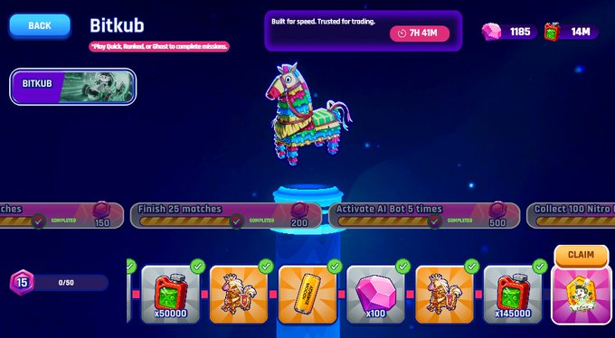 Screenshot of a mobile game interface featuring a colorful piñata horse character in the center, with 'Bitkub' branding at the top, a '7H 41M' timer, and various reward missions at the bottom including 'Finish 25 matches' and 'Collect 100 Nitro' along with gem and ticket rewards.