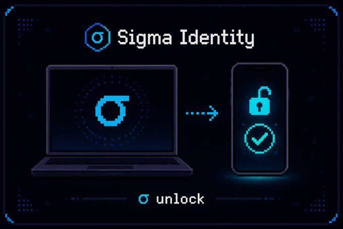 A digital promotional graphic titled 'Sigma Identity' showing a laptop transferring a logo via a dashed arrow to a smartphone displaying an unlocked padlock, with the word 'unlock' at the bottom.