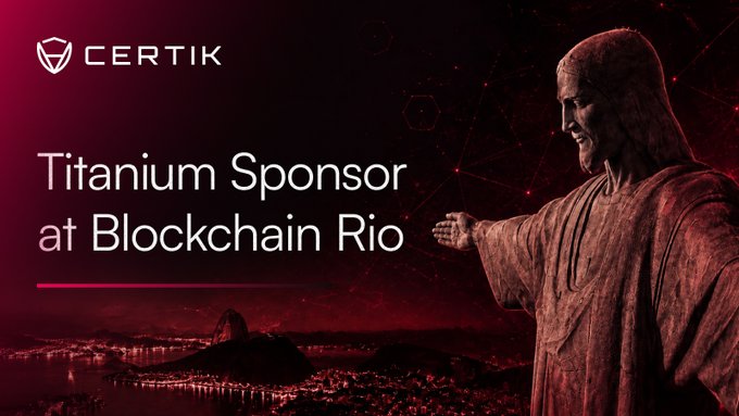 CertiK announces its Titanium Sponsorship of Blockchain Rio 2026 with a promotional banner featuring the iconic Christ the Redeemer statue overlooking Rio de Janeiro in a red-tinted design. The CertiK logo appears alongside the sponsorship announcement, inviting attendees to visit their booth to learn about Web3 security solutions.