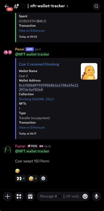 A Discord screenshot from the #nft-wallet-tracker channel shows automated bot updates from "Penni" and "Fumar" tracking transactions for wallet "Czar 2," including receiving Dinolong NFT, a 0.0303 ETH ($48.20) spent transaction, and "Czar swept 150 Penni" tokens. The frequent activity from crypto_czar_eth's wallet supports the joke about renaming the channel to track only that wallet.