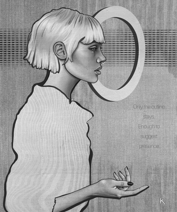 A grayscale sketch of a person with a short bob haircut in profile, with the text 'Only the outline stays. Enough to suggest presence.' and a signature 'K.'