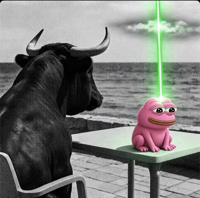 A surreal black-and-white photo featuring a bull sitting in a chair at a table, facing a pink Pepe frog figurine with a green laser beam shooting up from its head against a seascape background.
