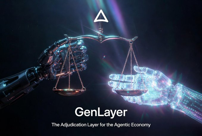 The image features two robotic hands—a dark metallic one and a glowing, translucent digital one—holding a set of scales of justice, symbolizing impartial judgment in an automated world. At the top is a triangle logo and the text "GenLayer – The Adjudication Layer for the Agent Economy," reinforcing the post's theme of building dispute resolution infrastructure for when autonomous agents fail to cooperate, rather than just optimizing for seamless transactions.