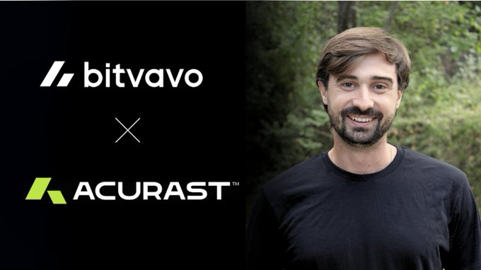 A split image featuring the Bitvavo and Acurast logos alongside a photo of a smiling bearded man in a black t-shirt, visually representing the partnership interview between Bitvavo and Acurast CEO & Co-founder @a_d_c_ following ACU's listing on the exchange.