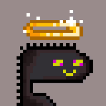 A pixel art illustration of a dark, spiky creature with glowing pink eyes and a wide grin, wearing a golden halo above its head against a plain background.