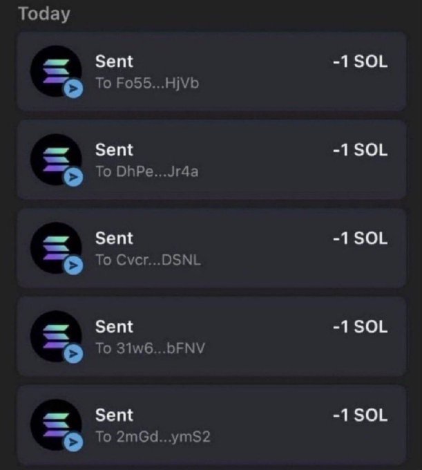 A cryptocurrency transaction history screen labeled 'Today' shows five separate 'Sent' transactions of '-1 SOL' each to various wallet addresses.