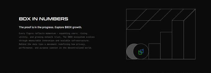 A dark-themed promotional webpage for 'BDX IN NUMBERS' stating 'The proof is in the progress. Explore $BDX growth,' with text explaining that the figure reflects momentum and growing network trust, alongside an abstract geometric graphic on the right.